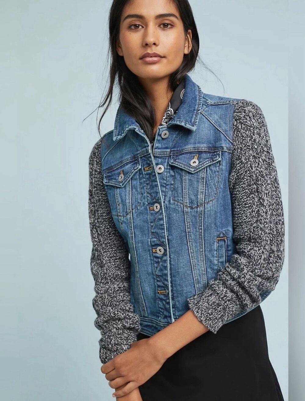 PILCRO Anthropologic Medium Wash Denim Lambswool Sweater Sleeve Jean Jacket L